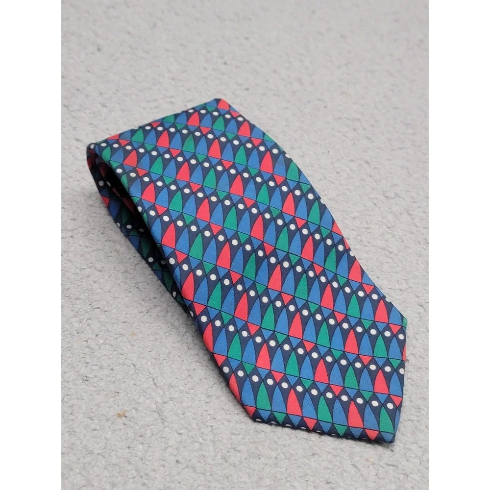 Turnbull Asser Tie Mens Navy Multicolor Geometric Triangles Dots Necktie England